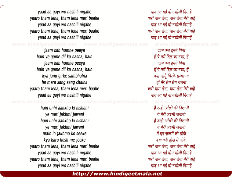 lyrics of song Yaad Aa Gai Vo Nashili Nigaahen, Yaaron Tham Lena