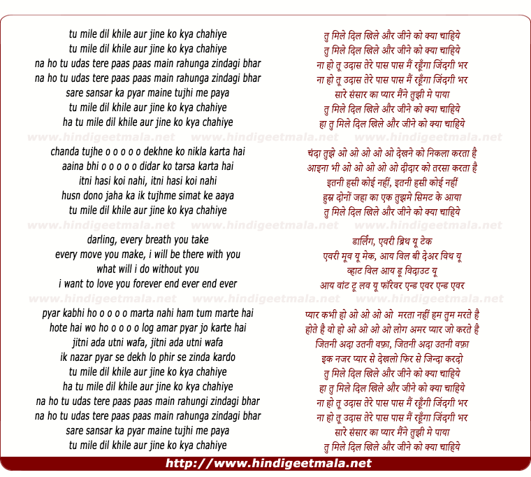 lyrics of song Tu Mile Dil Khile Aur Jine Ko Kyaa Chaahiye