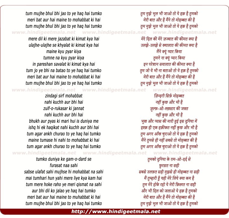 lyrics of song Tum Mujhe Bhul Bhi Jaao To Ye Haq Hai Tumako