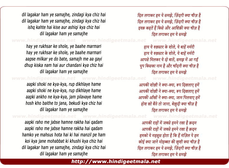 lyrics of song Dil Lagakar Ham Ye Samjhe, Zindagi Kya Chiz Hai (Male)