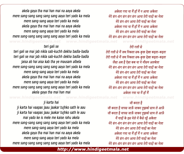 lyrics of song Akelaa Gayaa Thaa Main Haan Main Na Aayaa Akelaa