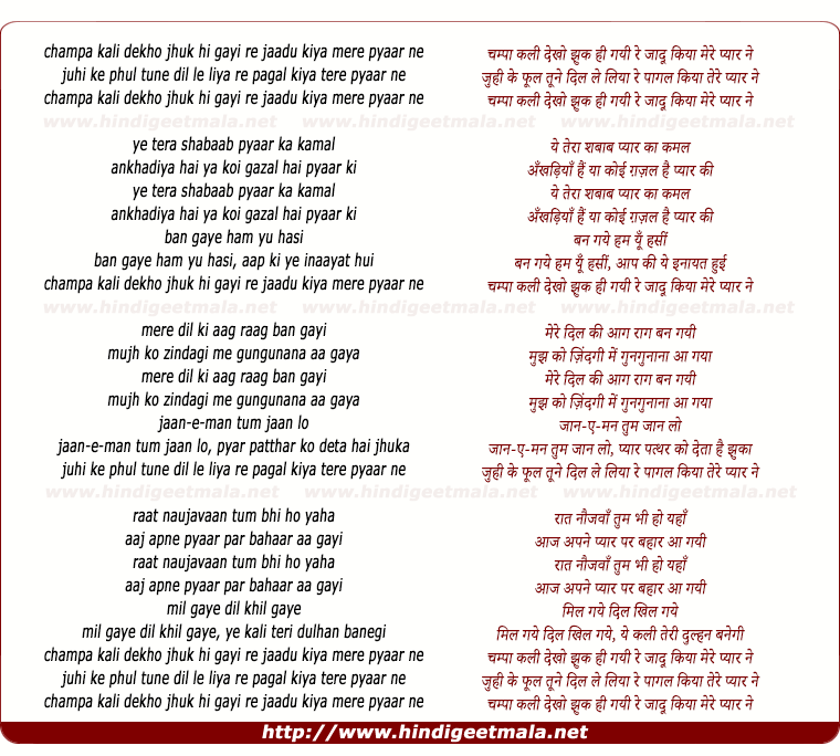 lyrics of song Champa Kali Dekho Jhuk Hi Gayi