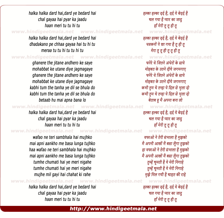 lyrics of song Halka Halka Dard Hai, Meri Tu Tu Hi Tu