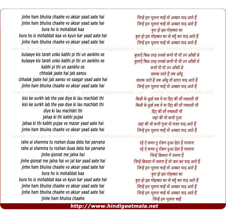 lyrics of song Jinhen Ham Bhulanaa Chaahen Vo Aksar Yaad Aate Hain