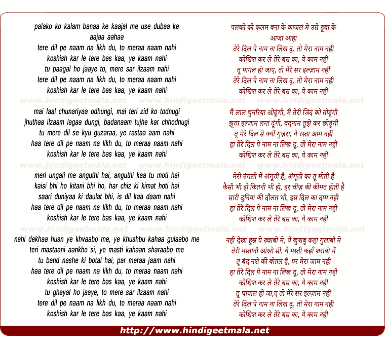 lyrics of song Palakon Ko Kalam Banaa Ke, To Meraa Naam Nahin