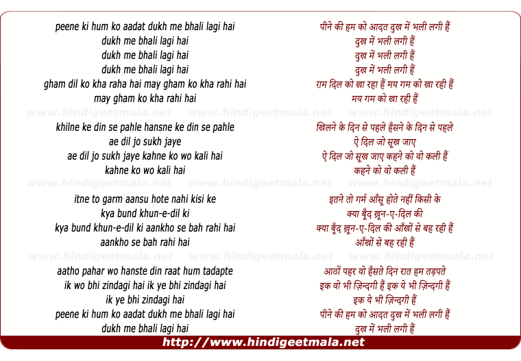lyrics of song Pine Ki Ham Ko Aadat Dukh Men Bhali Lagi Hai