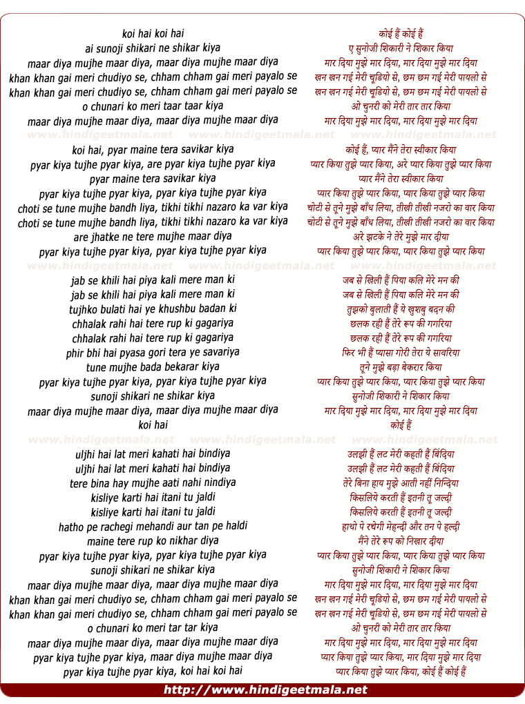 lyrics of song Sunoji Shikari Ne Shikaar Kiya, Maar Diya Mujhe