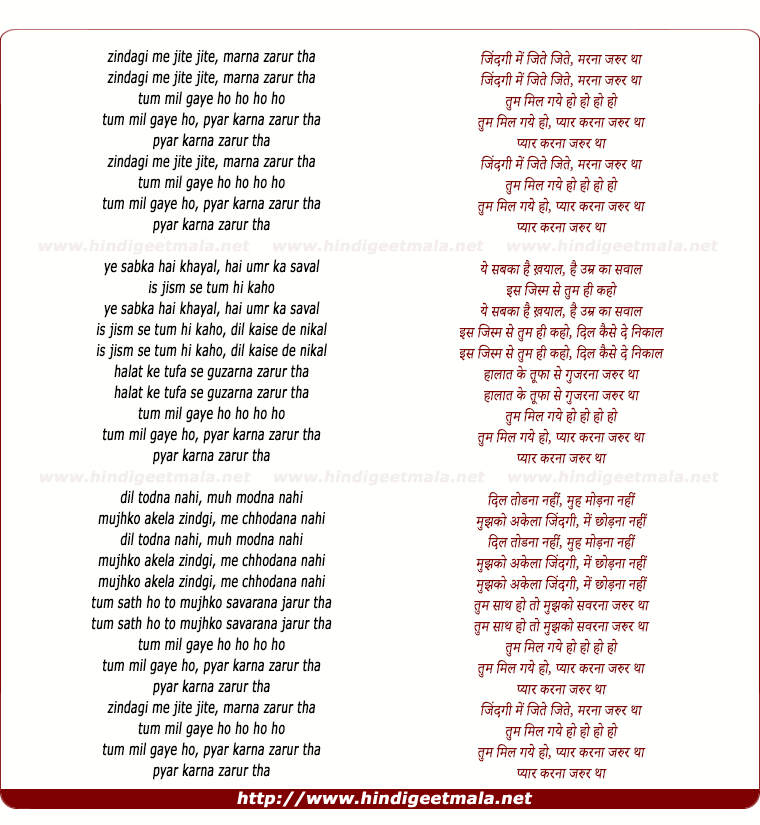 lyrics of song Zindagi Men Jite Jite Maranaa Zarur Thaa