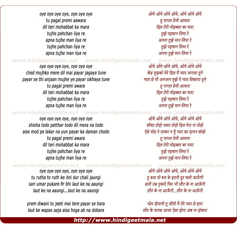lyrics of song Tu Pagal Premi Awara