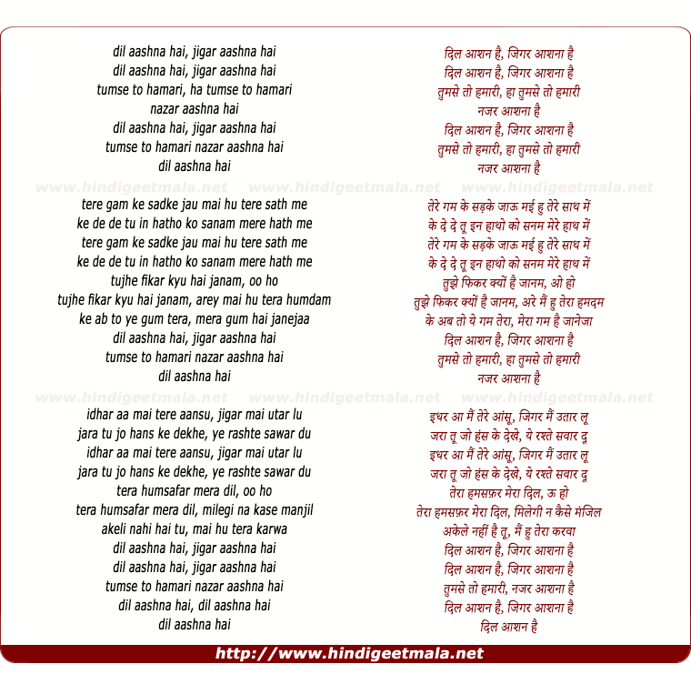 lyrics of song Dil Aashna Hai Jigar Aashna Hai