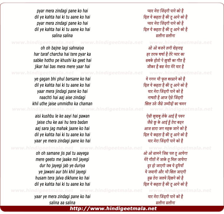 lyrics of song Pyar Mera Zindgi Pane Ko Hai