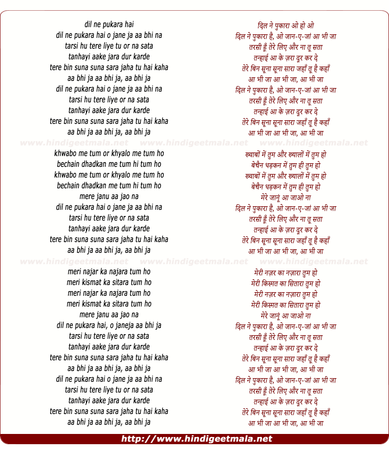 lyrics of song Dil Ne Pukara Hai O Jane Jana Aa Bhi Ja