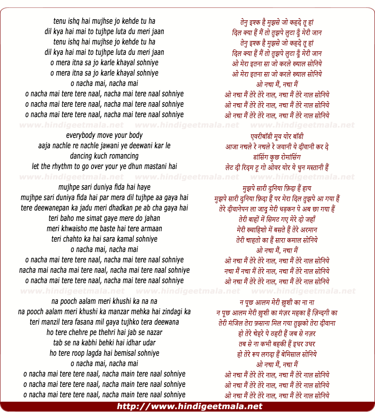 lyrics of song Tenu Ishq Hai Mujhse Jo Kehde Tu Han