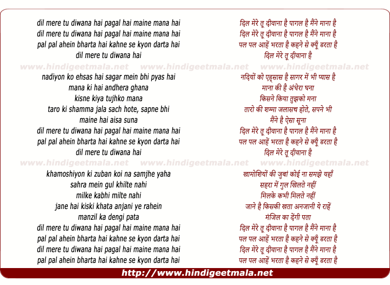 lyrics of song Dil Mere Tu Diwana Hai, Paagal Hai Maine Mana Hai - III