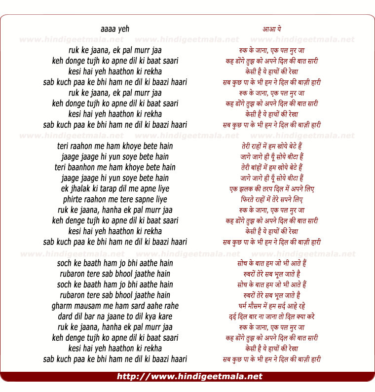 lyrics of song Ruk Ke Jana Ek Pal Mud Jaa