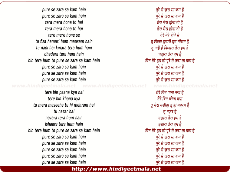 lyrics of song Poore Se Zara Sa Kam Hain