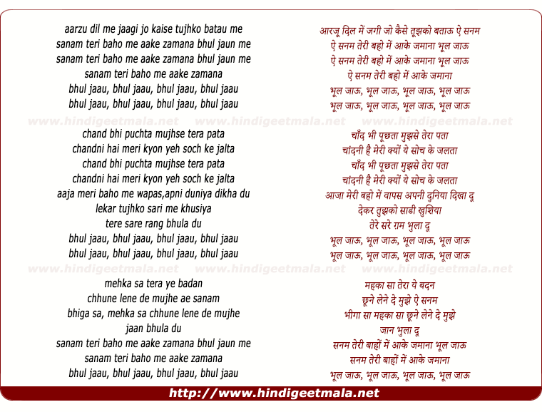 lyrics of song Ae Sanam Teri Baaho Me Aake Zamana Bhul Jaun Me