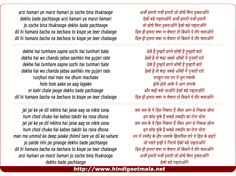 lyrics of song Arji Hamari Ye Marji Hamari