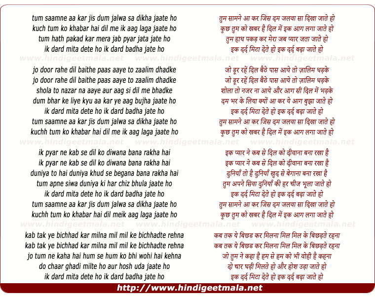 lyrics of song Tum Samne Aakar Jis Dam Jalwa Sa Dikha Jate Ho