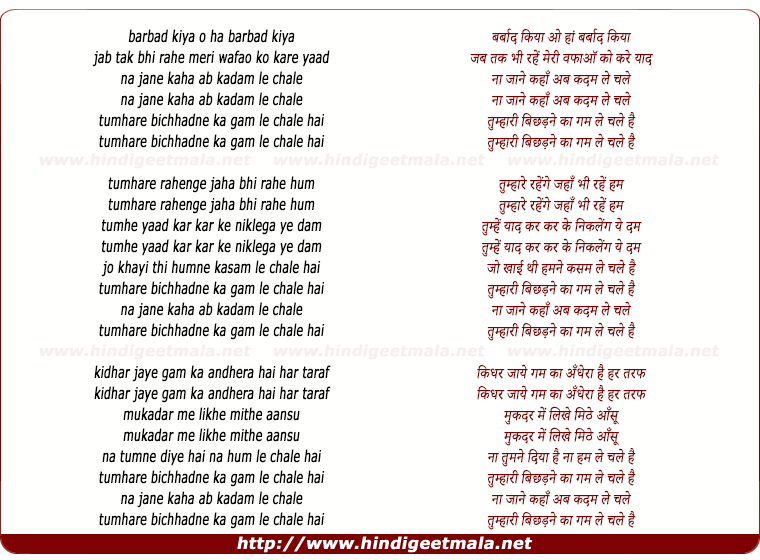 lyrics of song Na Jane Kahan Ab Kadam Le Chale
