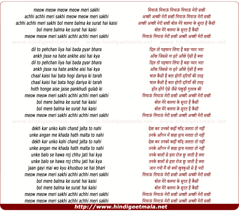 lyrics of song Meow Meow Meri Sakhi