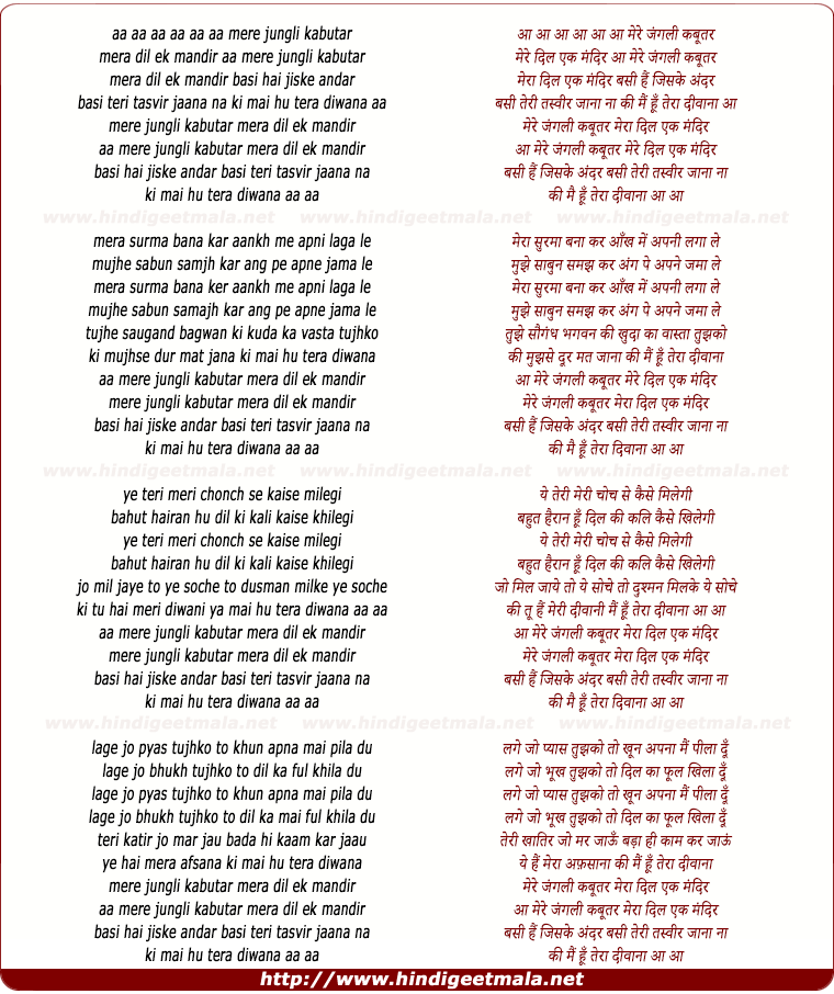 lyrics of song Aa Mere Jungli Kabootar Mera Dil Ek Mandar