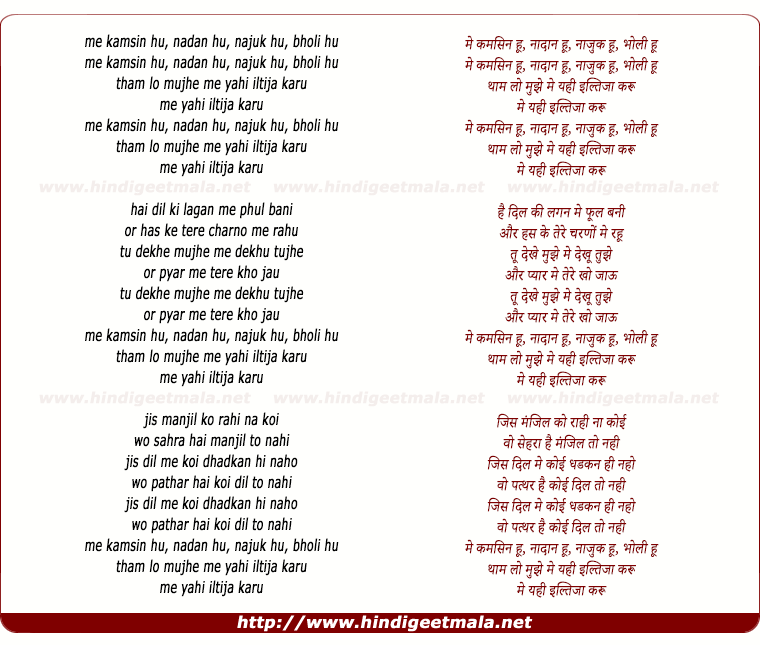 lyrics of song Main Kamsin Hu, Naadan Hu, Naazuk Hu, Bholi Hu