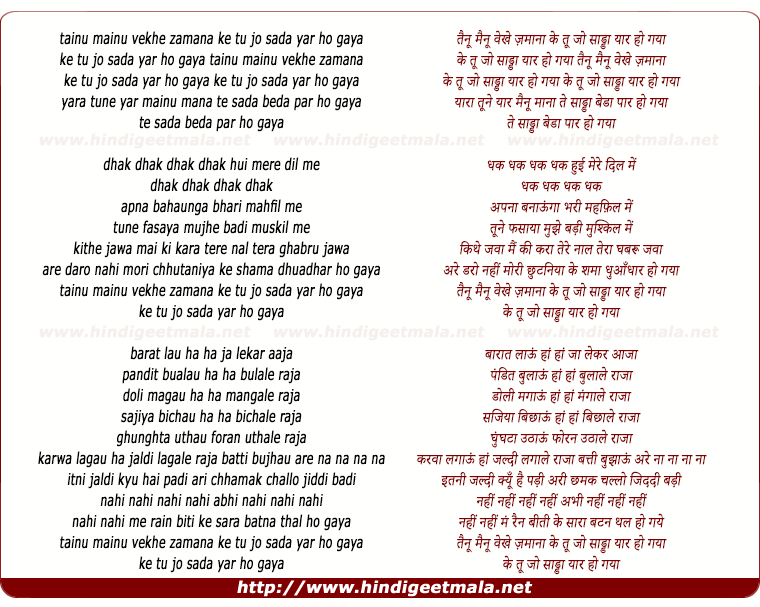 lyrics of song Tainu Mainu Vekhe Zamana, Tu Jo Sada Yaar Ho Gaya