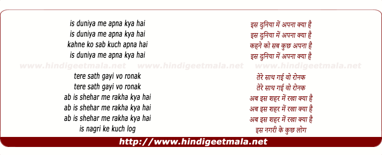 lyrics of song Is Dunia Me Apna Kya Hai
