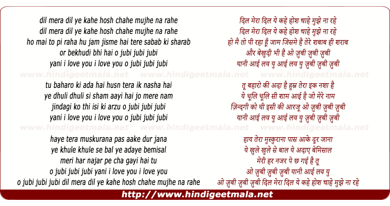 lyrics of song Dil Mera Dil Ye Kahe Hosh Chahe Mujhe Na Rahe