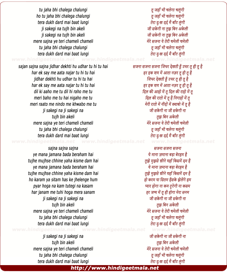 lyrics of song Tu Jahan Bhi Chalega Chalungi, Tera Dukh