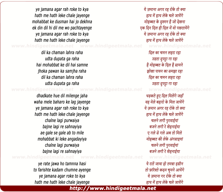 lyrics of song Ye Zamanaa Agar Raah Roke