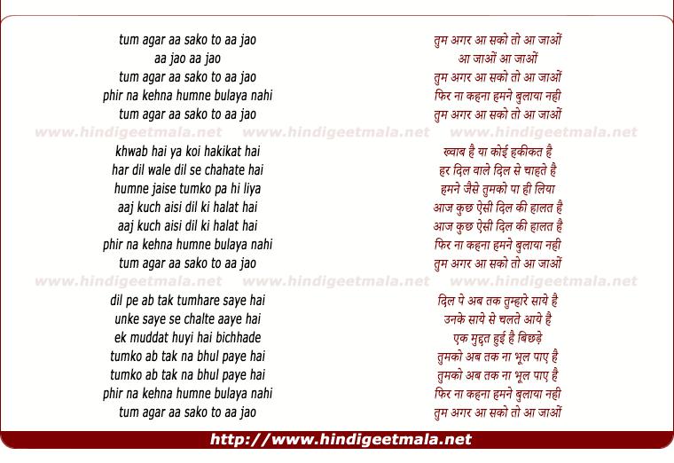 lyrics of song Tum Agar Aa Sako To Aa Jao