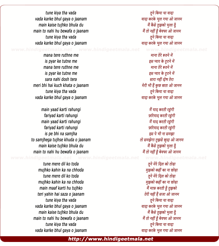 lyrics of song Tune Kiya Tha Vada