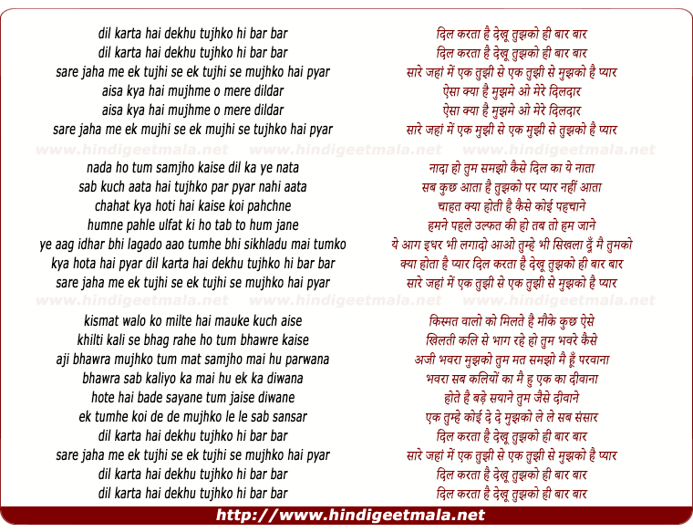 lyrics of song Dil Kartaa Hai Dekhun Tujhko Hi Bar Bar