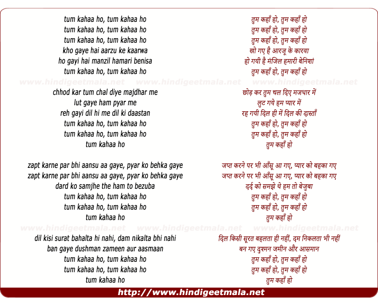 lyrics of song Tum Kahan Ho Tum Kahan, Kho Gaye Hai Aarzu