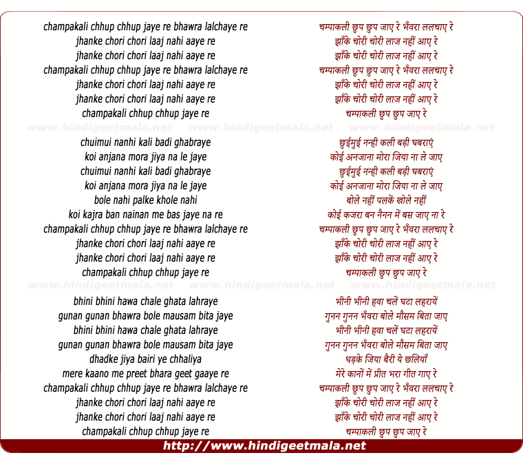 lyrics of song Champakali Chhup Chhup Jaye Re Banvra Lalchaye Re