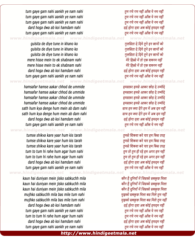 lyrics of song Tum Gaye Gam Nahi Aankh Ye Nam Nahi