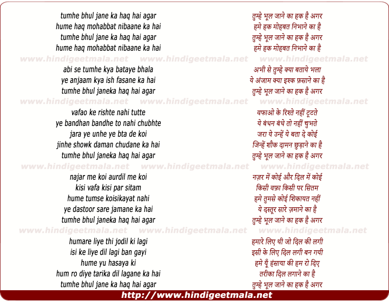 lyrics of song Tumhe Bhool Jane Kaa Haq Hai Agar