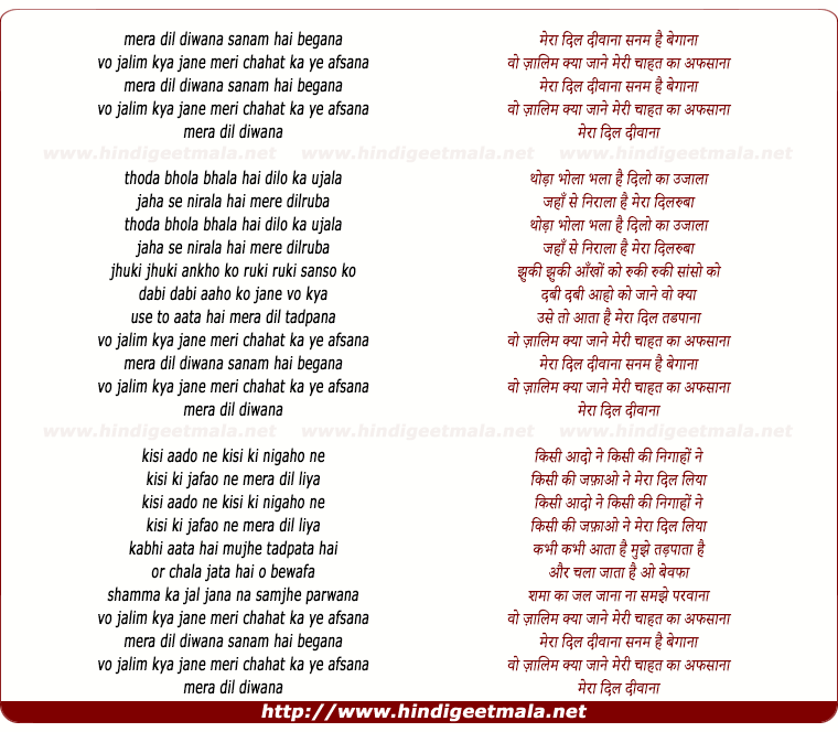 lyrics of song Mera Dil Diwana Sanam Hai Begana