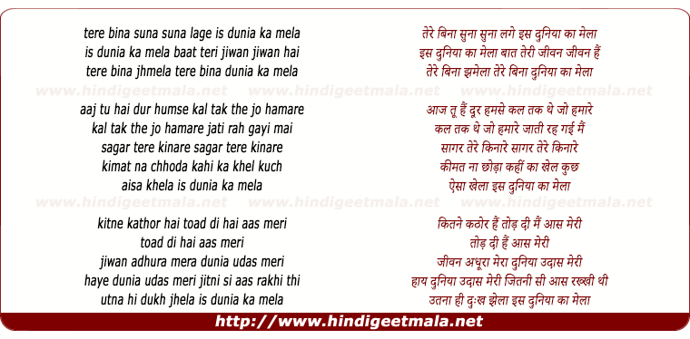 lyrics of song Tere Bina Suna Suna Laage Is Duniya Ka Mela