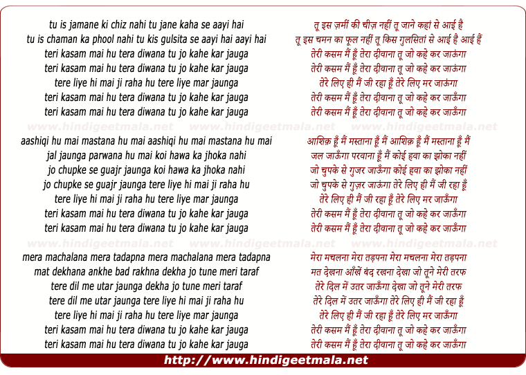 lyrics of song Teri Kasam Mai Hu Tera Deewana
