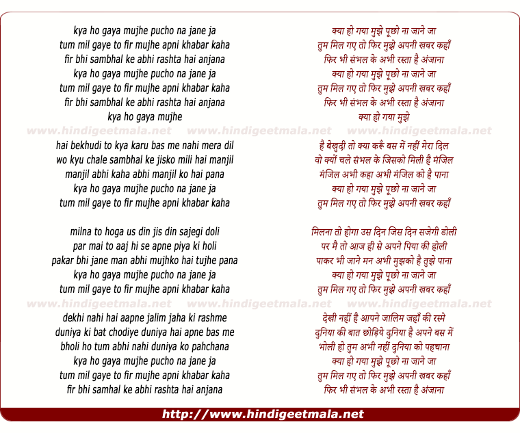 lyrics of song Kya Ho Gaya Mujhe Puchho Na Jaane Jaa