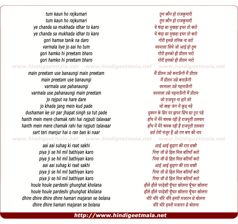 lyrics of song Tum Kon Ho Rajkumaari