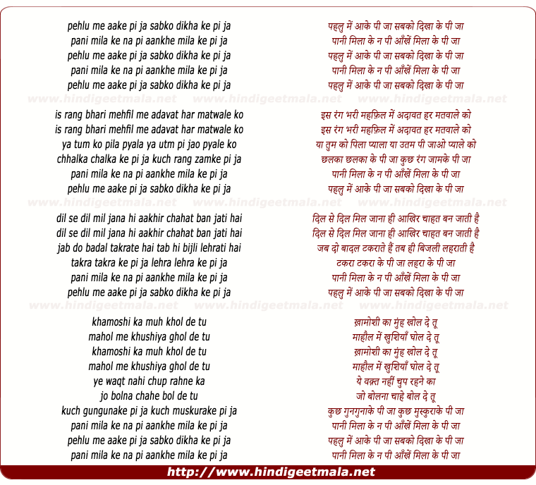 lyrics of song Pehlu Me Aake Pee Jaa, Sabko Dkha Ke Pee Jaa