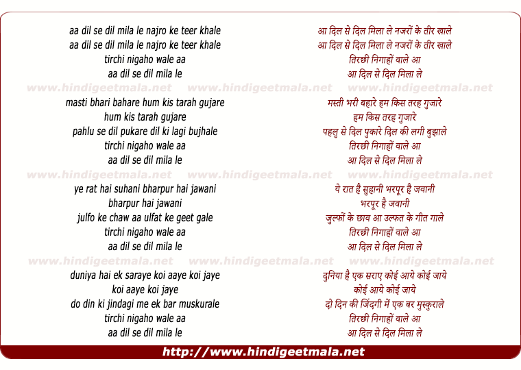 lyrics of song Aa Dil Se Dil Mila Le Nazron Ke Teer Khale