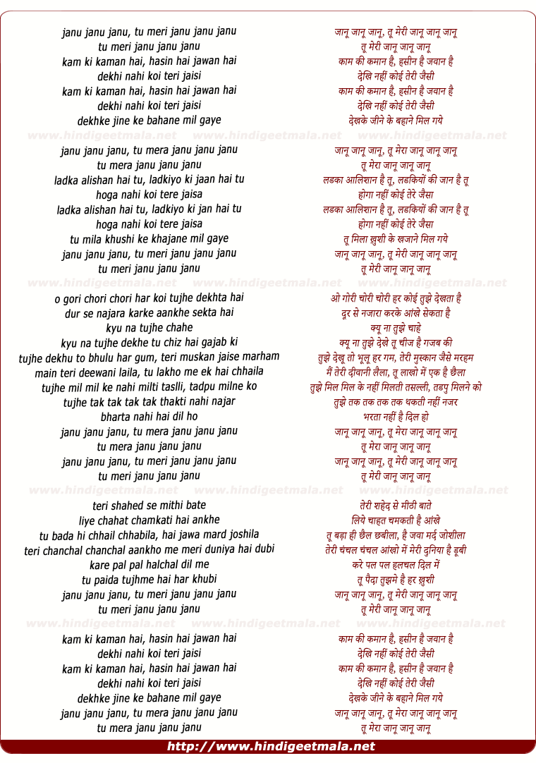 lyrics of song Jaanu Jaanu, Tu Meri Jaanu Jaanu