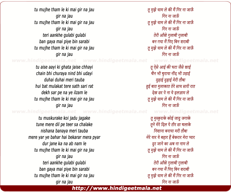 lyrics of song Tu Mujhe Thaam Le Ki Mai Gir Na Jaau