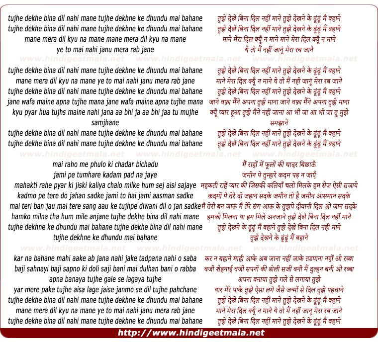 lyrics of song Tujhe Dekhe Bina Dil Nahi Mane, Tujhe Dekhne Ke Dhundu Main Bahane