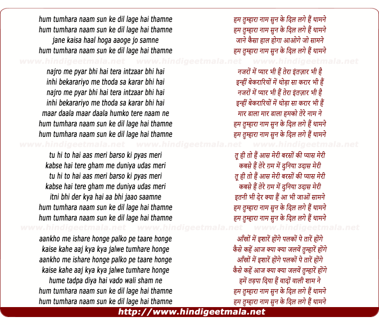 lyrics of song Hum Tumhara Naam Sun Ke